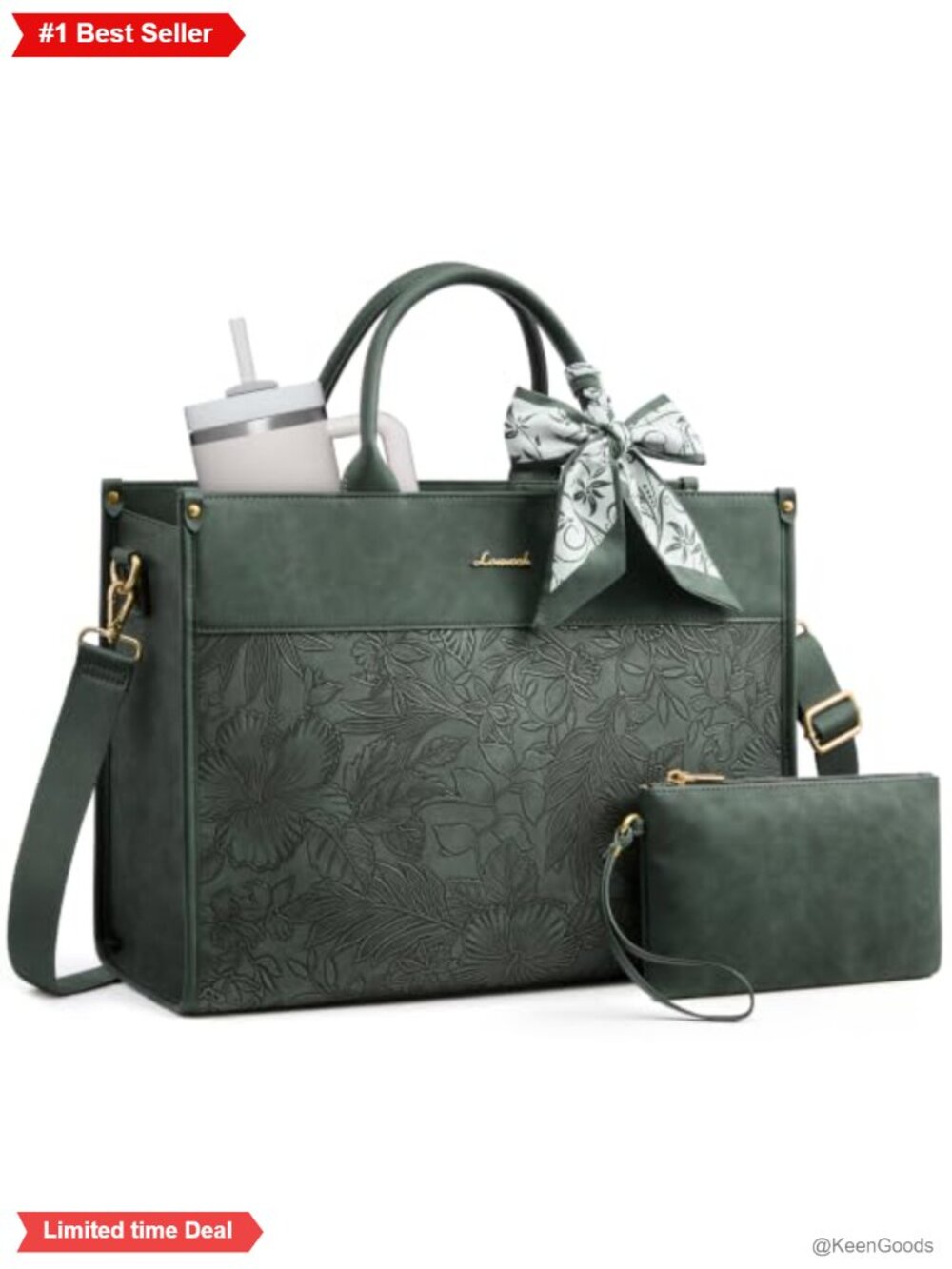 LOVEVOOK Faux Leather Laptop Tote Bag with Cup Holder & Pouch